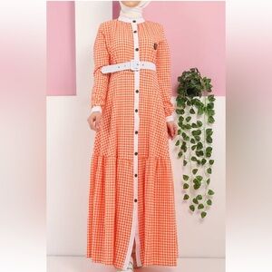 Gingham Button-Front Orange Maxi Dress with Contrast Trim